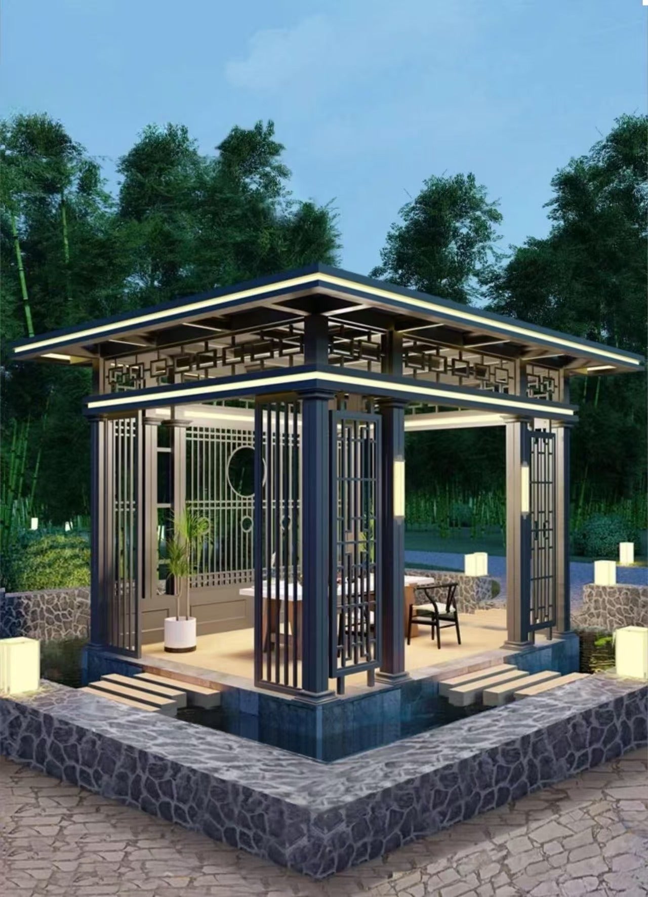 Luxury Waterproof Electric Aluminum Pergola with LED Lighting Eco-Friendly Outdoor Shutter Awning Roof for Garden Sunshade（副本）