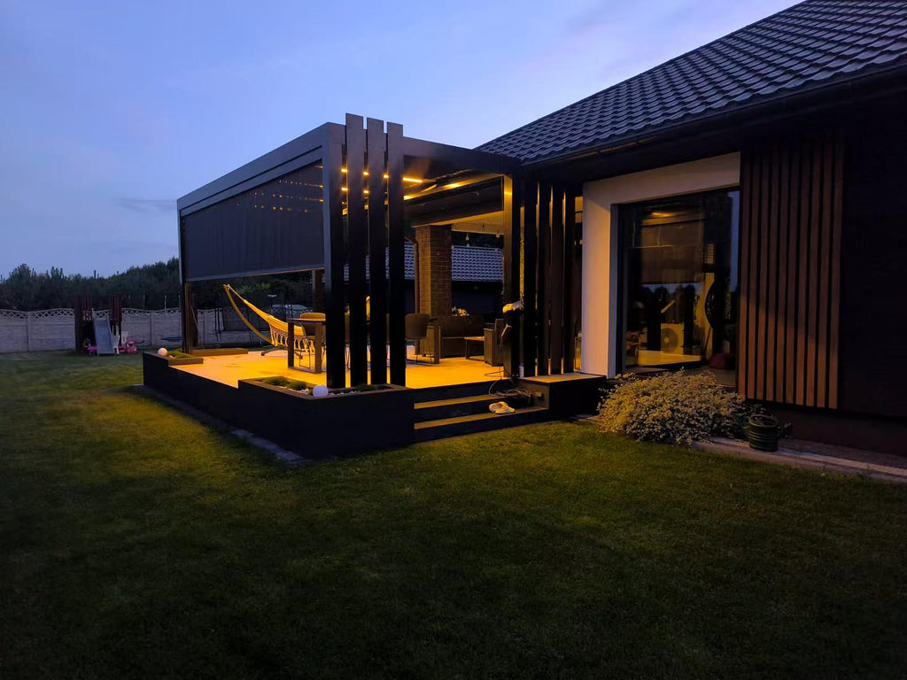 Luxury Waterproof Electric Aluminum Pergola with LED Lighting Eco-Friendly Outdoor Shutter Awning Roof for Garden Sunshade（副本）